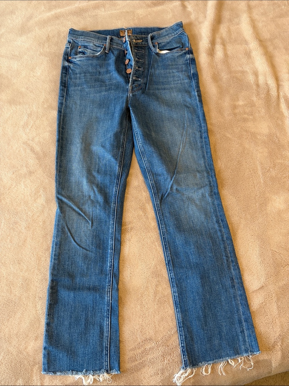 MOTHER Denim Flare Jeans in Medium Blue with Frayed Hem